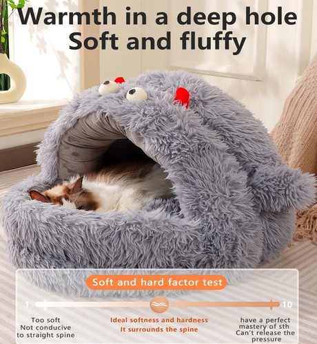 Colourtree Grey Winter Warm Plush Cat Bed, Enclosed Hooded Pet House with Cute Monster Design, Anti-Collapse Support for Indoor Cats & Small Pets