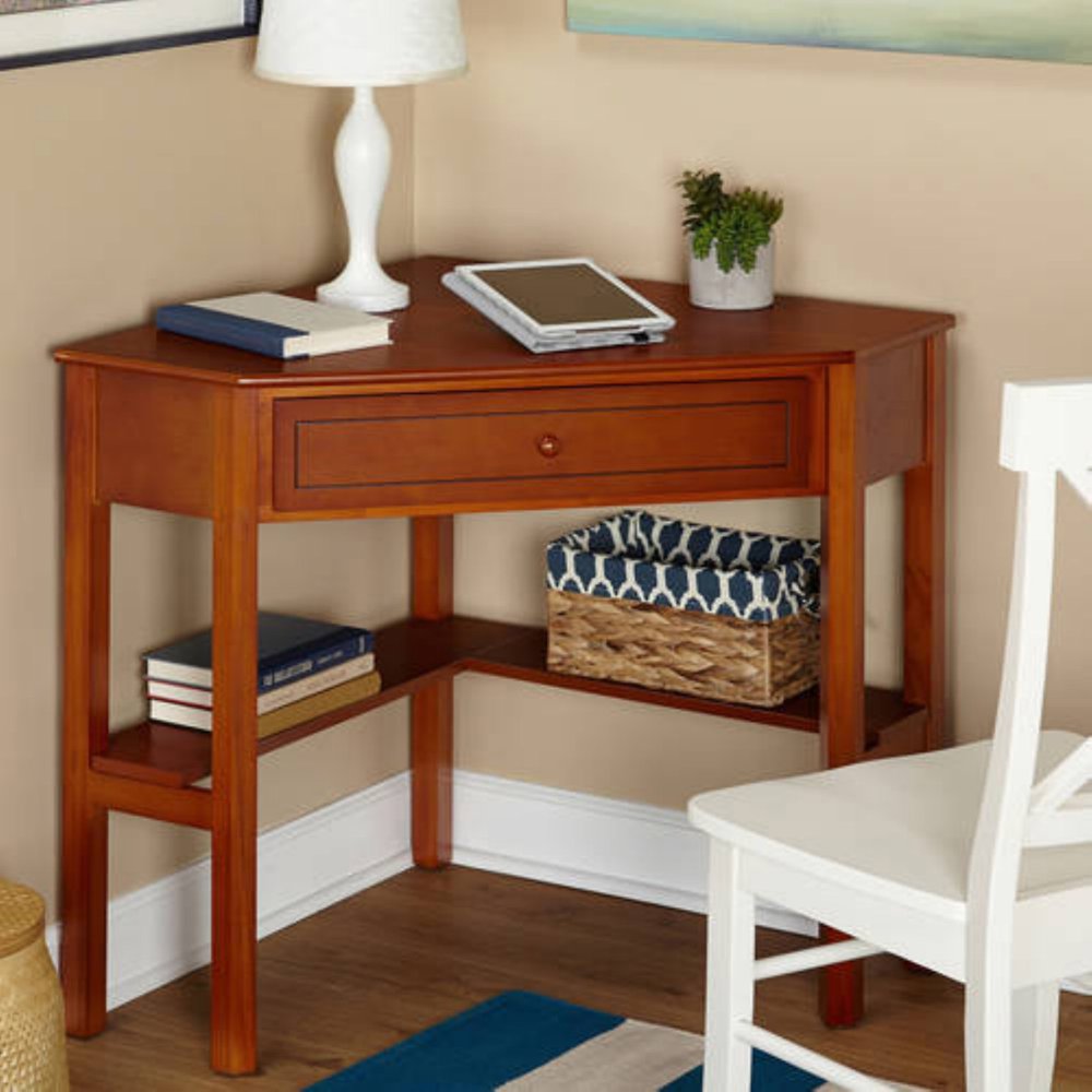 Corner Writing Desk with Pullout Drawer and Shelf, Multiple Finishes
