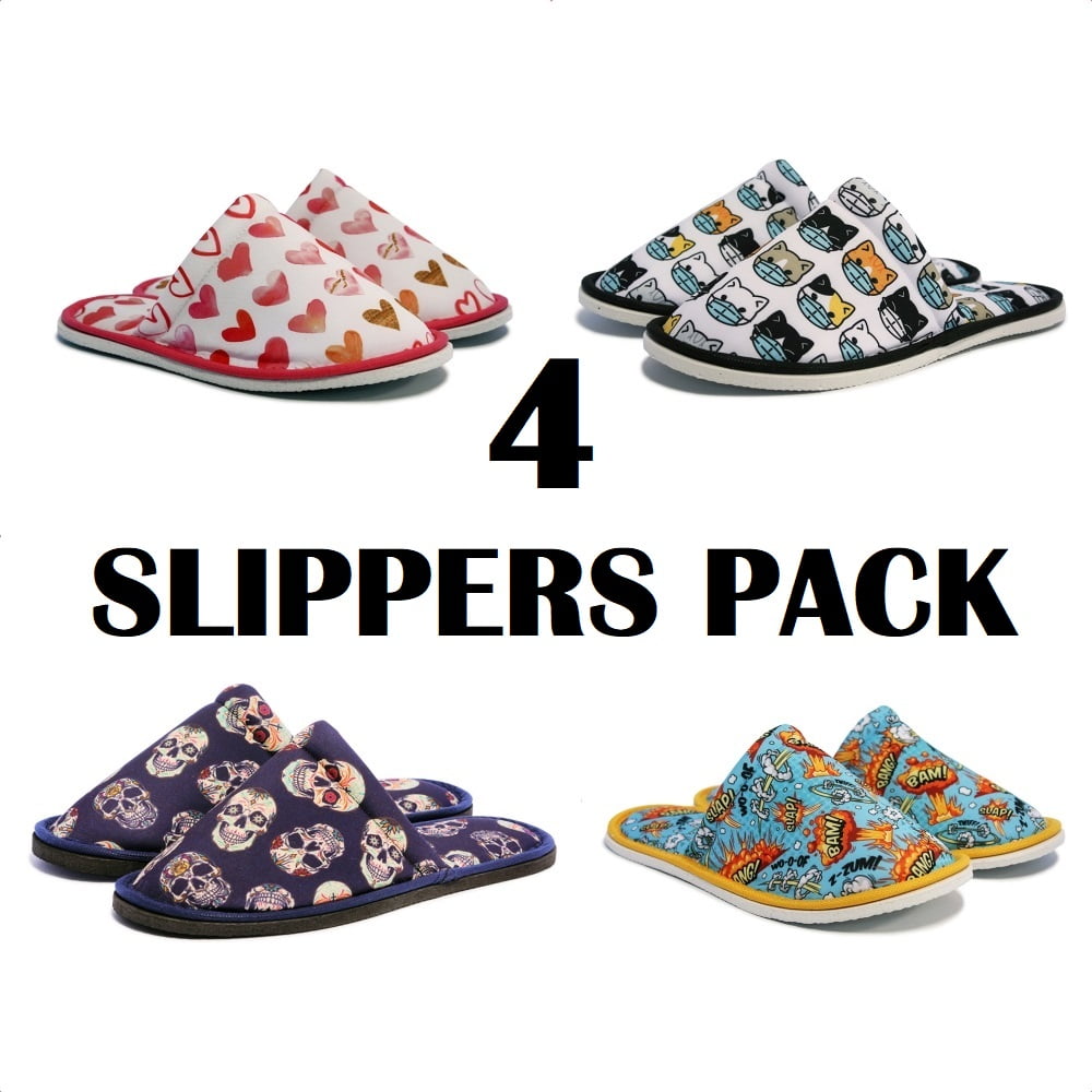 Men Women 4 Home Slippers Pack - Love Heart Big Skull Masked Cat Action - Men Women Size 8 to 10