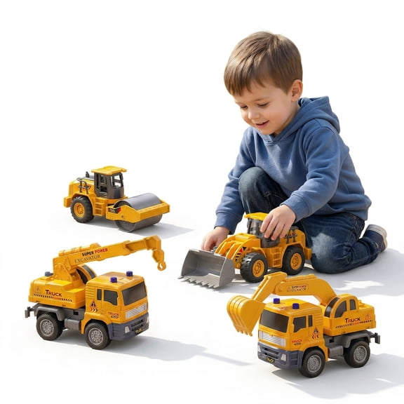 Lucky Doug ConstructionTruck Toy, 4 in 1 Construction Vehicle Toys - Excavators, Cranes, Bulldozer, Road Roller, Truck Toy for 3-6 Years Old Boy