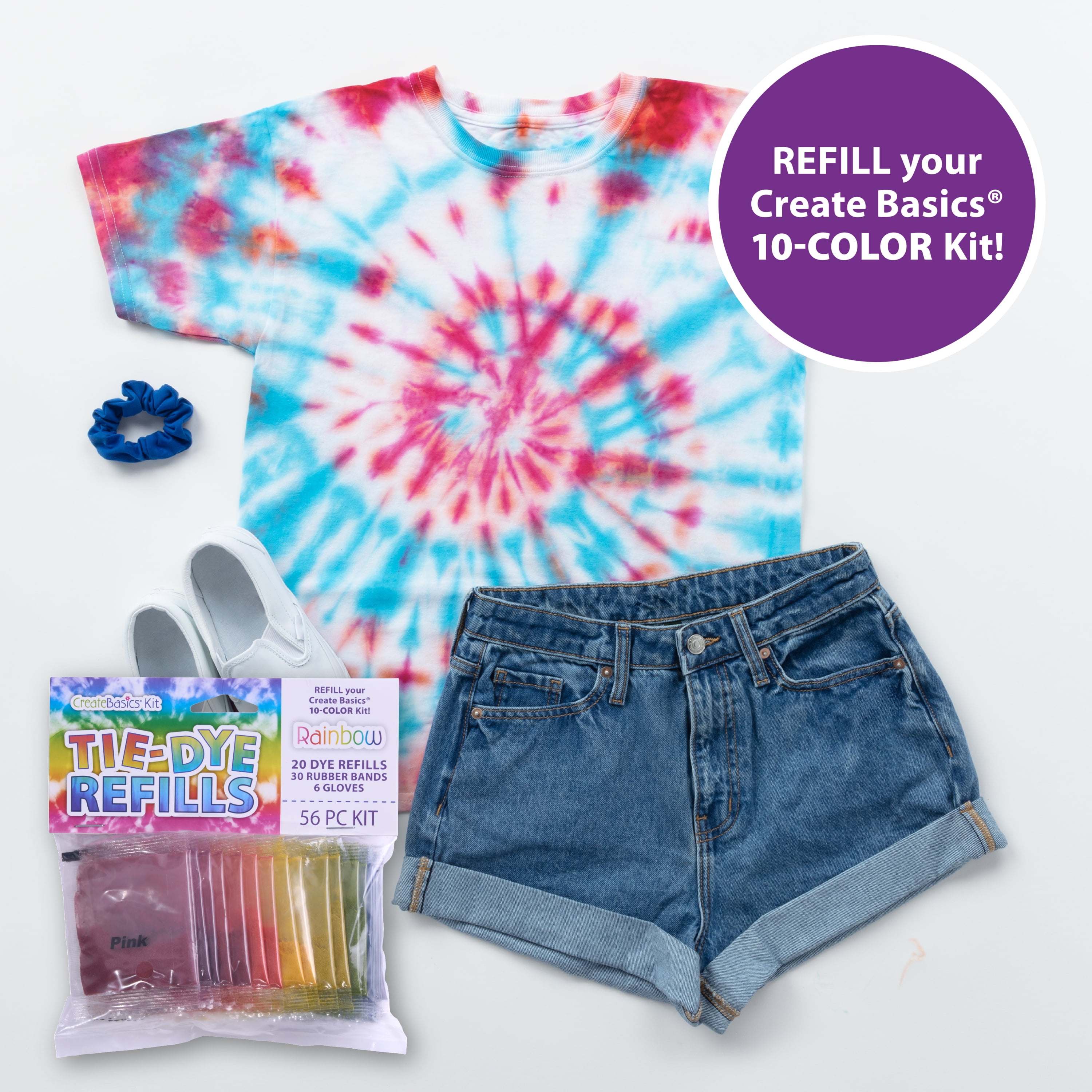 (4 pack) Create Basics Tie Dye Refill Kit 20PK Rainbow, Dye Powder, Rubber Bands, Gloves - New 56 Piece Set