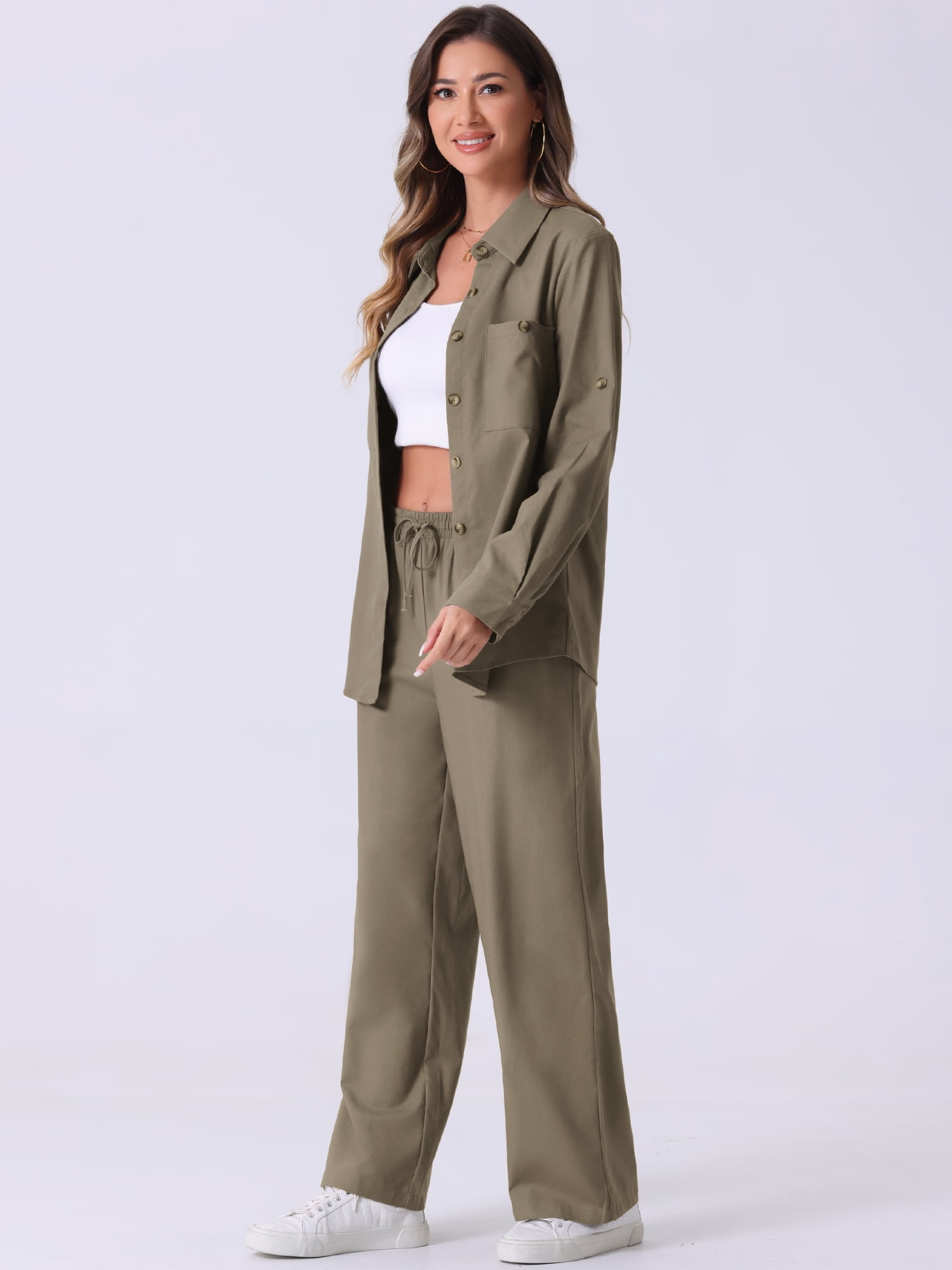 DARING DIVA Women's Linen Pant 2 Piece Summer Outfits Button Down Shirt XL Gray Green