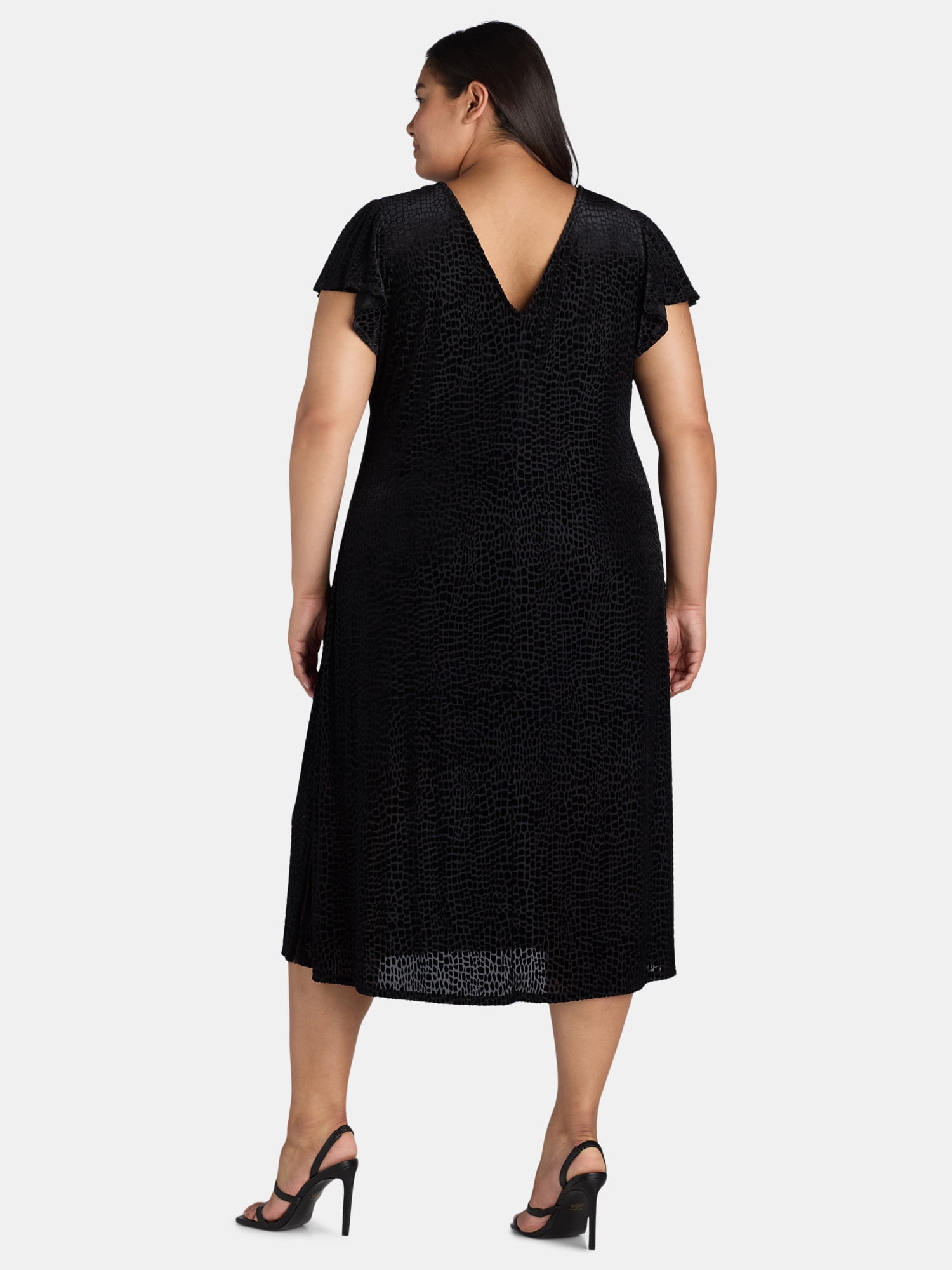 Terra & Sky Black Label Women's Plus Size Velvet Flutter Sleeve Dress, 0X-5X