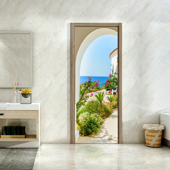 3D Door Stickers for Interior Doors Old Wooden Arch in The Fortress Vinyl Removable Self Adhesive Door Poster Wallpaper Mural Decals,SP-F497,S(38.5x200cmx2Pcs)