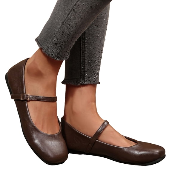 Mary Jane Shoes Women Square Closed Toe Ballet Flat Shoes Comfortable Dressy Adjustable Strap Work Business Casual Shoes Brown Size 6