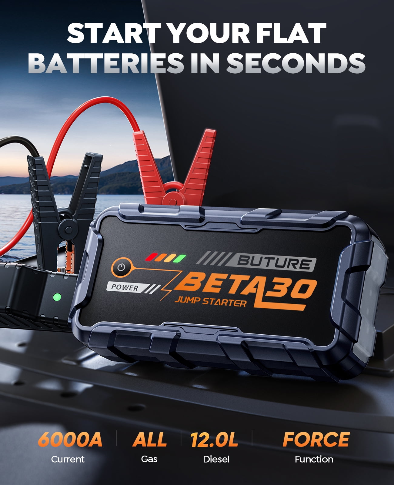 BUTURE 6000A Jump Starter, 26800mAh Portable Car Battery Booster for All Gas & 12L Diesel, 800LM LED Light, 18W Fast Charge Power Bank