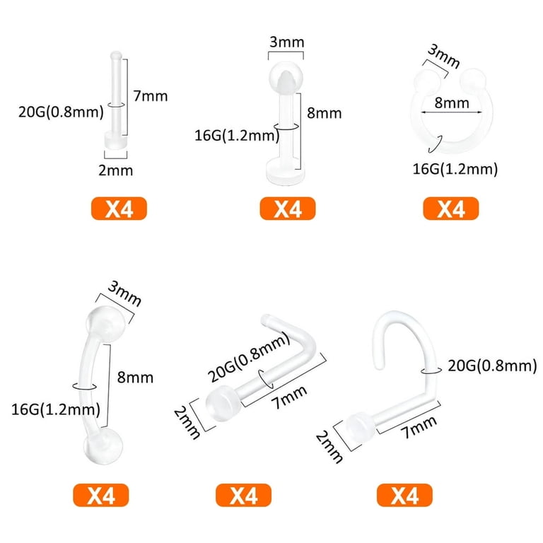Piercing Retainer 4-Pack Clear Glass Retainers - 18G Labret Studs For Cartilage/Nose/Lip (1/2" 13mm) Clear Nose Rings For Work