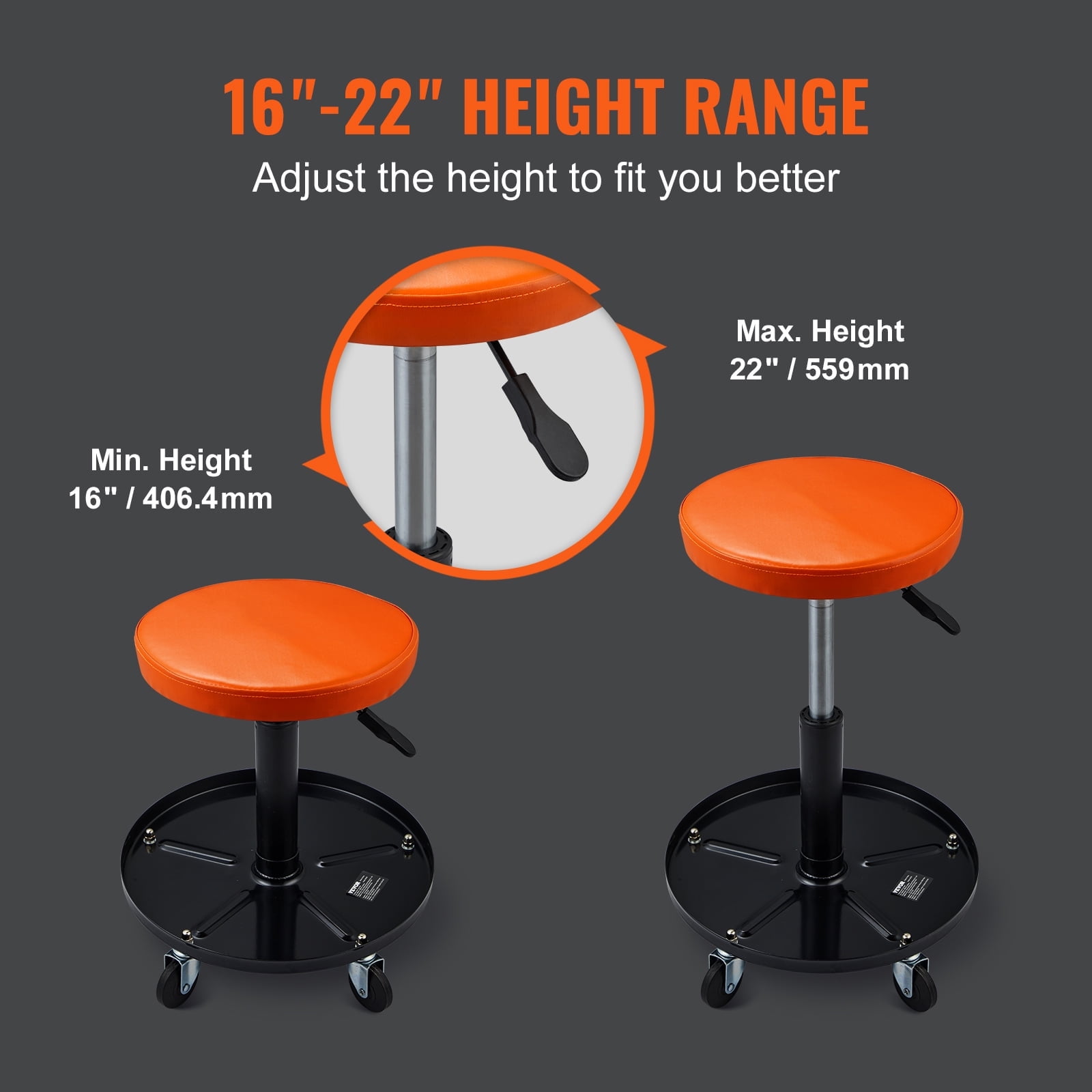 KFFKFF Mechanic Seat, 250 LBS Capacity, Pneumatic Rolling Creeper for Garage/Shop, Height Adjustable 22-28 in, Comfortable Workshop Stool with Tool Tray, Black+Orange