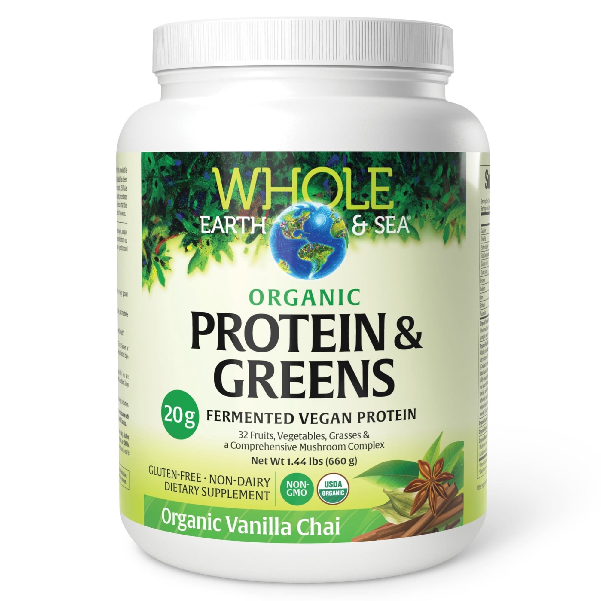 Natural Factors Whole Earth & Sea, Organic Fermented Protein & Greens, Vegan Whole Food Supplement, Vanilla Chai, 1 lb 7 Oz