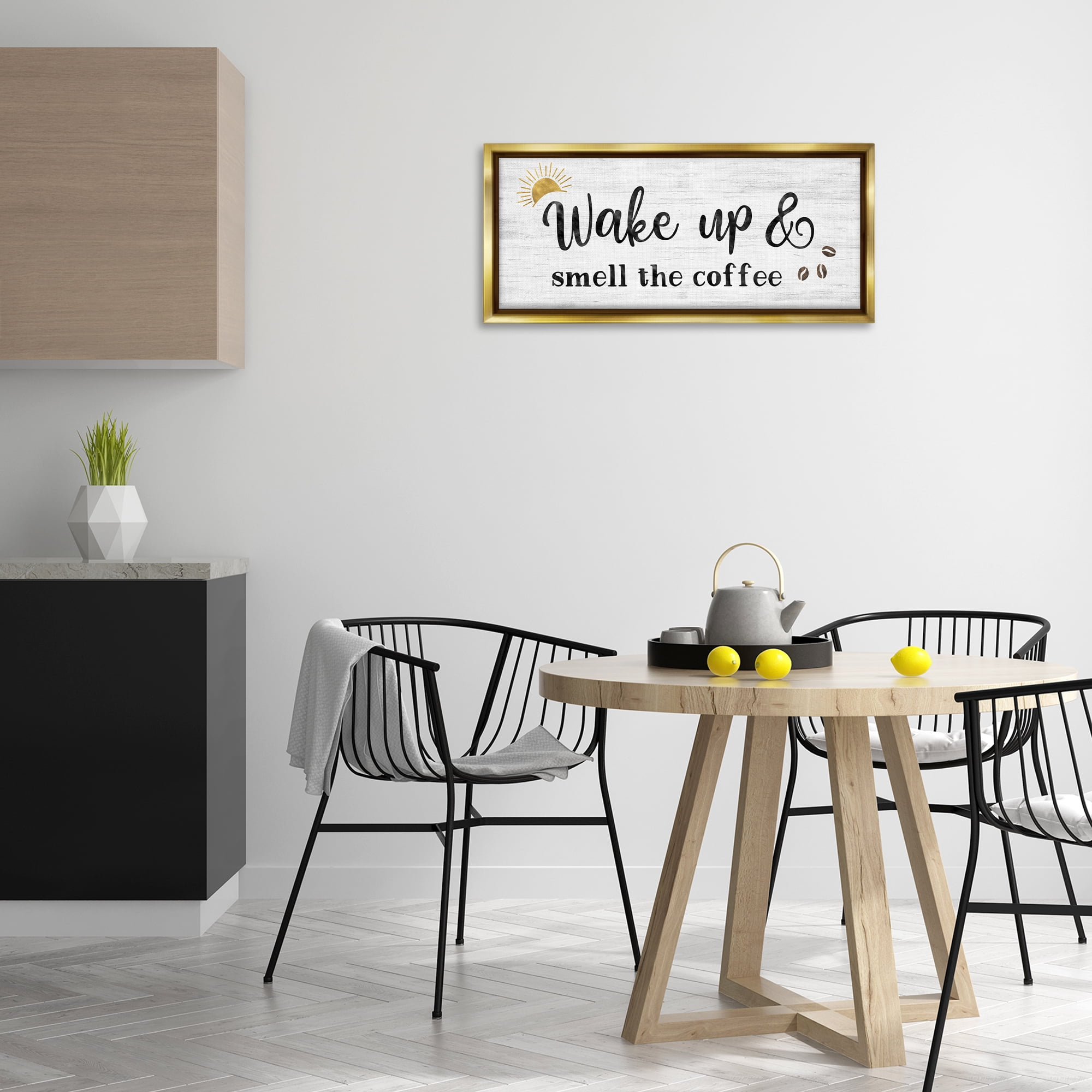Stupell Industries Wake up Smell Coffee Food & Beverage Painting Gold Floater Framed Canvas Art Print Wall Art, 31 x 14