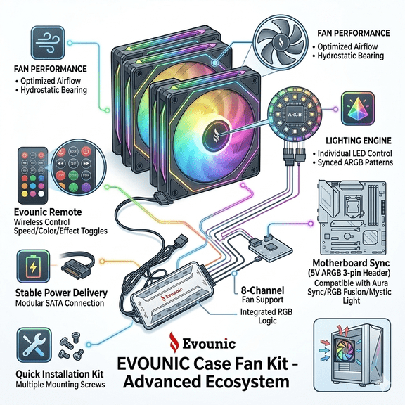 Evounic 120mmx120mmx25mm Quiet RGB/ARGB Computer Case Fan Kit – 3 Fans   Remote   Controller Hub