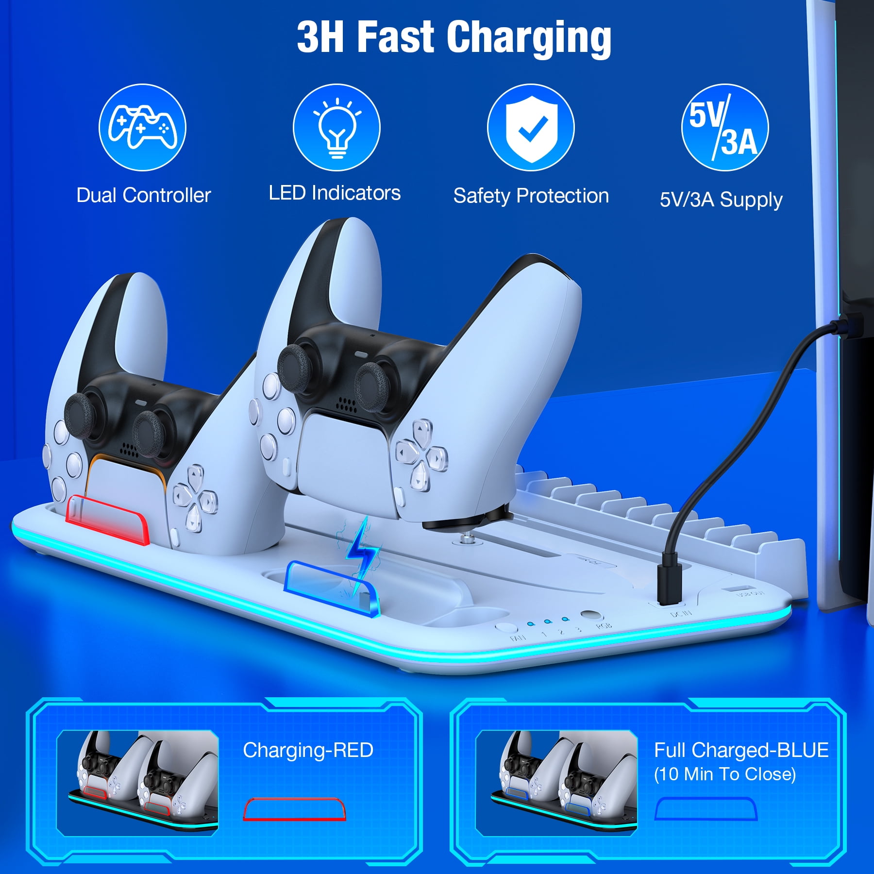 PS5 Stand with Cooling Station for PS5 Slim,QQV Dual Controller Charger for PS5 Digital & PS5 Disc Version,PS5 Accessories with RGB Light & Headset Holder