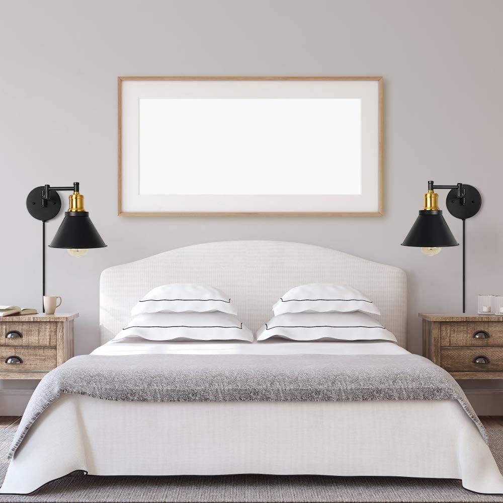 Set of 2 Black-Gold Swing Arm Wall Light for Bedroom, Bedside Reading Light by Oumilen(Bulb Not Included)
