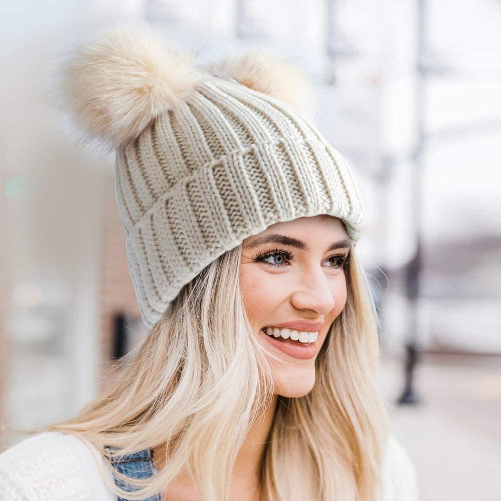Womens Winter Double Pom Pom Beanie 