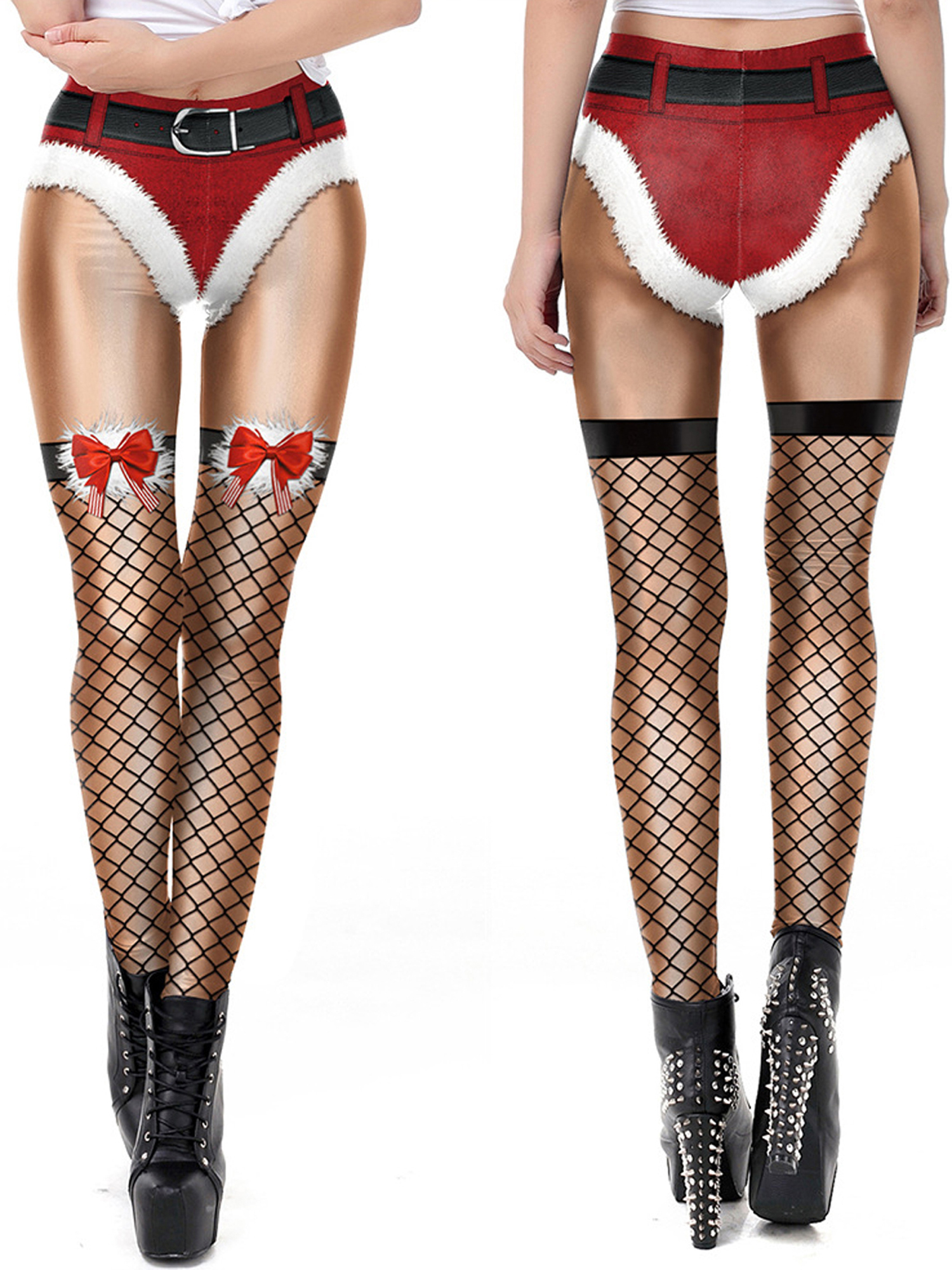 Multitrust Women Christmas Tights Stockings/Santa Print High Waist Leggings