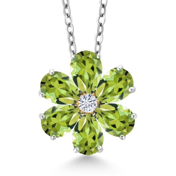 Gem Stone King 925 Silver and 10K Yellow Gold Pear Shape Flower Pendant with Chain Peridot Moissanite (2.55 Cttw)