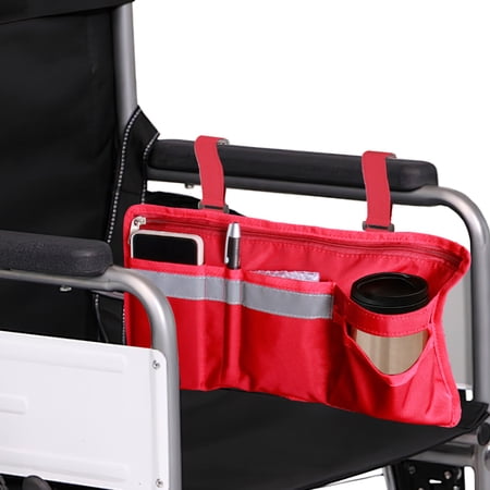 AMQTSLM Wheelchair Side Storage Bag with Cup Holder, Wheelchair Armrest Accessories Pouch with Pen Slot and Reflective Strips, Fits Most Wheelchairs, Walkers or Rollators
