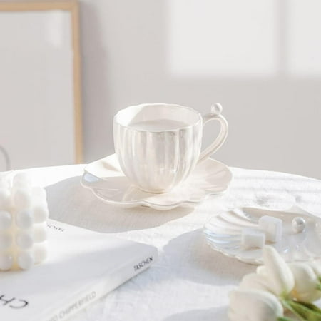 

XHUNGLE Exquisite White Pearl Flowers Coffee Cup and Saucer Set - 240ML Capacity Mug Coffee Cup Perfect for Afternoon Tea Birthday Gift and Home Decor - Elegant and Stylish Ceramic Set