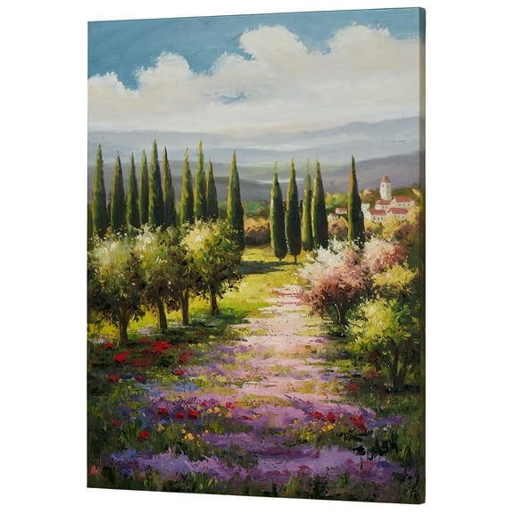 View of Tuscany Handpainted Oil on Canvas Wall Art Blue, Green, Purple and White 30"Wx40"H
