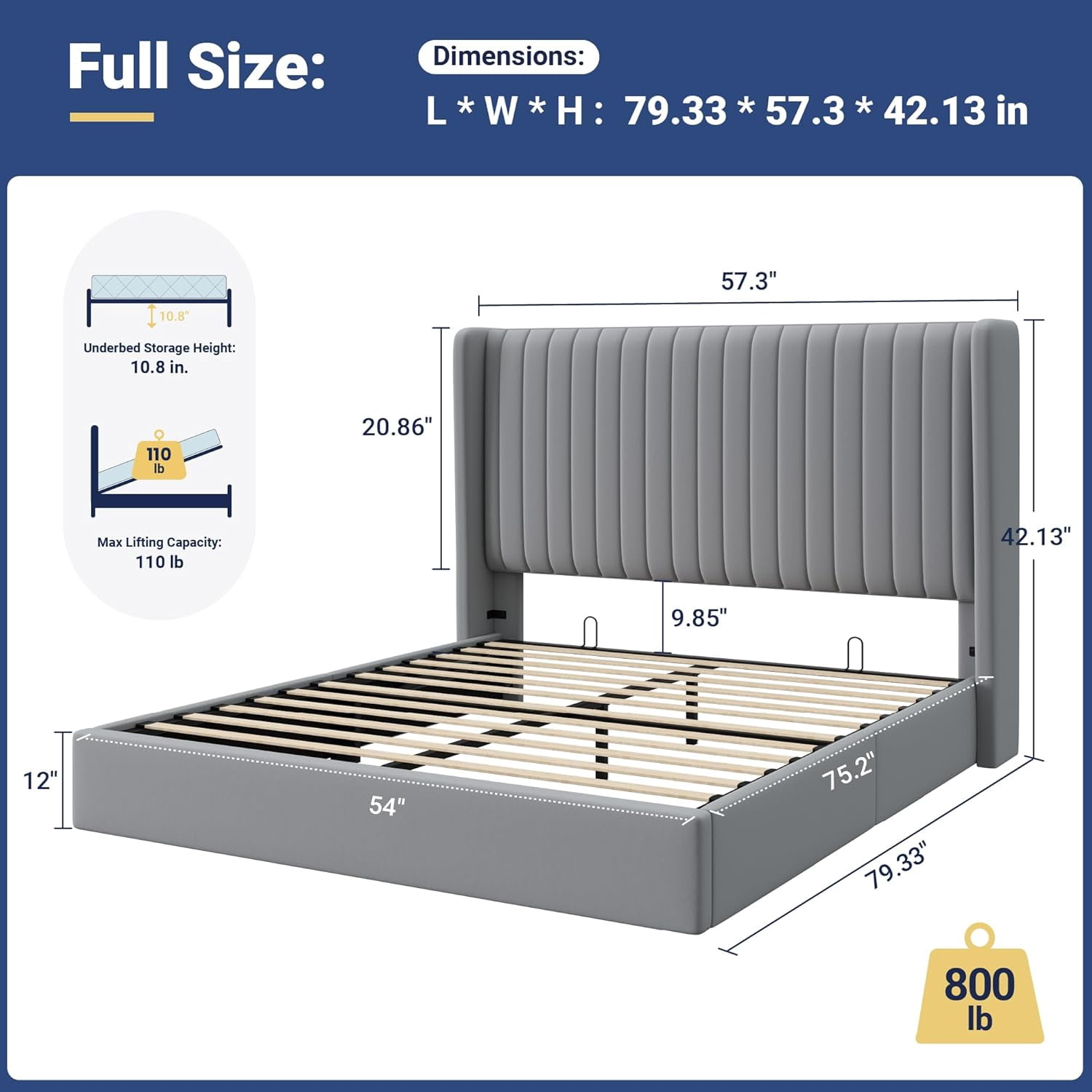 Allewie Full Size Lift Up Storage Bed Frame, Hydraulic Support System, Upholstered Platform Bed Frame, Vertical Channel Tufted Headboard with Wingback, Grey