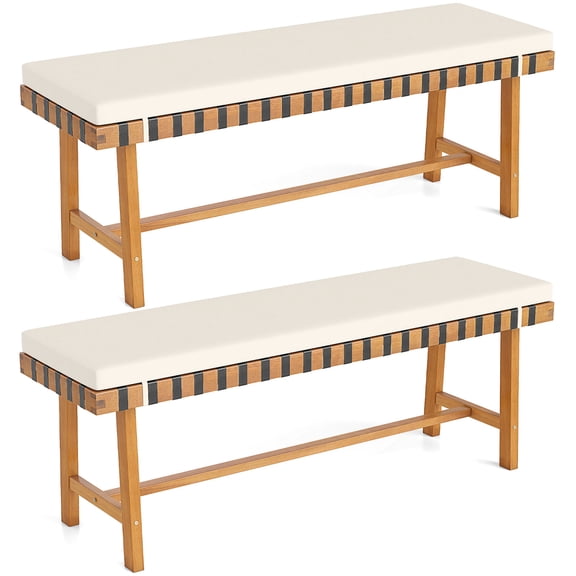 Gymax 2PCS 48'' Long Acacia Wood Outdoor Bench w/Thick Padded Seat Cushion Entryway
