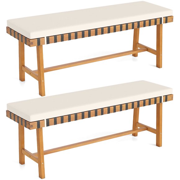 Gymax 2PCS 48'' Long Acacia Wood Outdoor Bench w/Thick Padded Seat Cushion Entryway