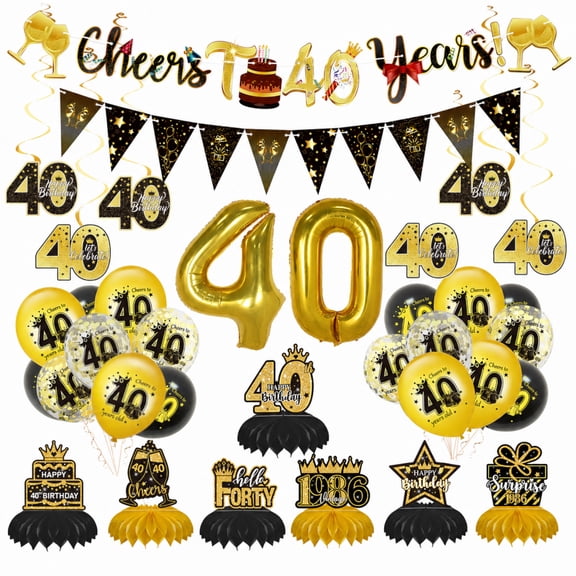 40th Birthday Party Decoration Set for Women, 38-Piece Gold Banner, Balloons, Honeycomb Ornaments, Hanging Spirals, and Ribbons