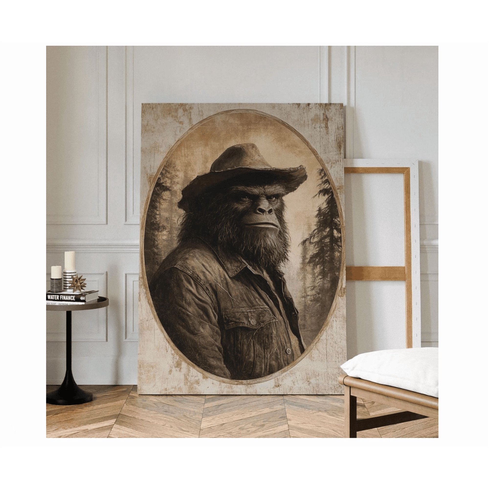 Vintage Bigfoot Portrait Western Sasquatch Art In Rustic Sepia Tones Wall Poster Wall Art Modern Wall Decor