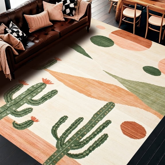 ODIKA 4' x 6' Machine Washable Non-Slip Area Rug, Boho Cactus High Traffic Rug, Beige, 229965