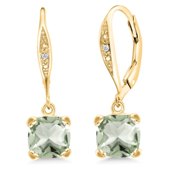 Gem Stone King 18K Yellow Gold Plated Silver Green Prasiolite and White Diamond Earrings for Women (2.81 Cttw, Gemstone Birthstone, Cushion 7MM)