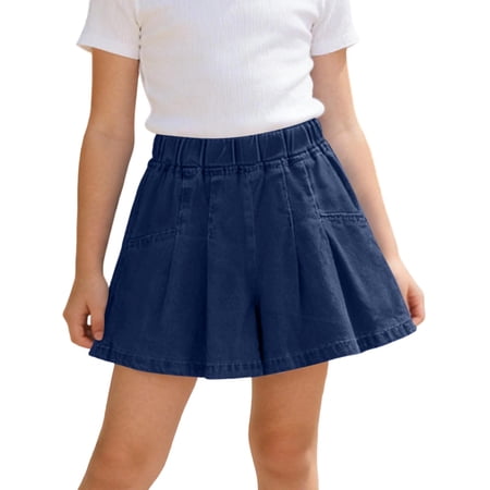 Afuyipoi Girls Jean Skort Breathable Stretch Waist Denim Pleat Summer Demin Shorts Dark Blue 4-5