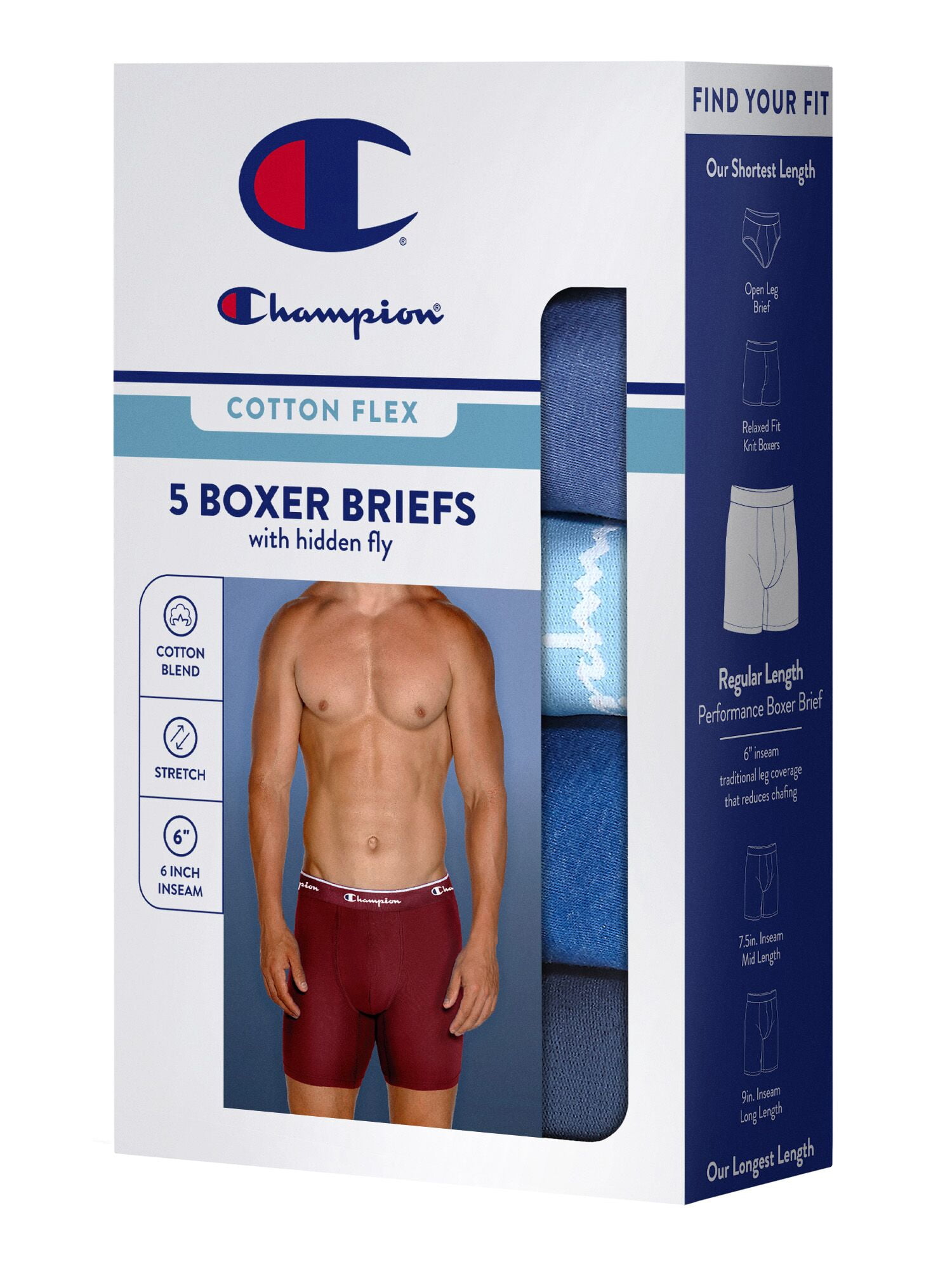 Champion Men’s Boxer Briefs – 5 Pack Cotton Flex Underwear, Tag Free and Hidden Fly, Sizes S–2XL