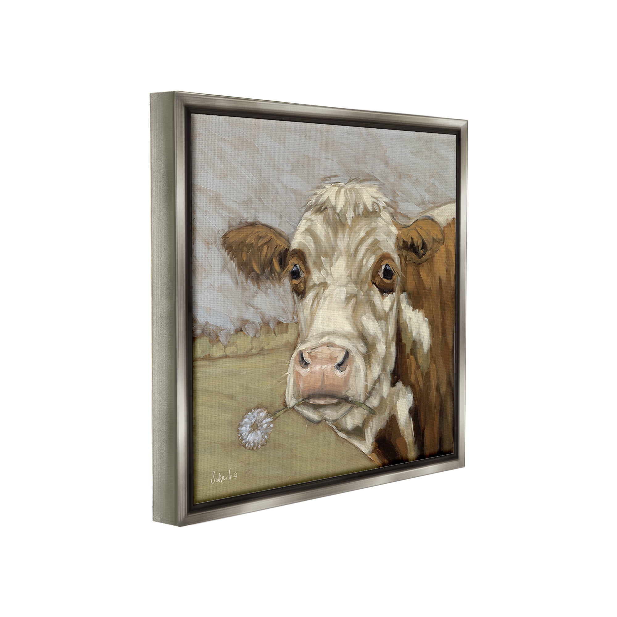 Stupell Industries Cattle with Dandelion Sprig Animals & Insects Painting Gray Floater Framed Canvas Art Print Wall Art, 18 x 18