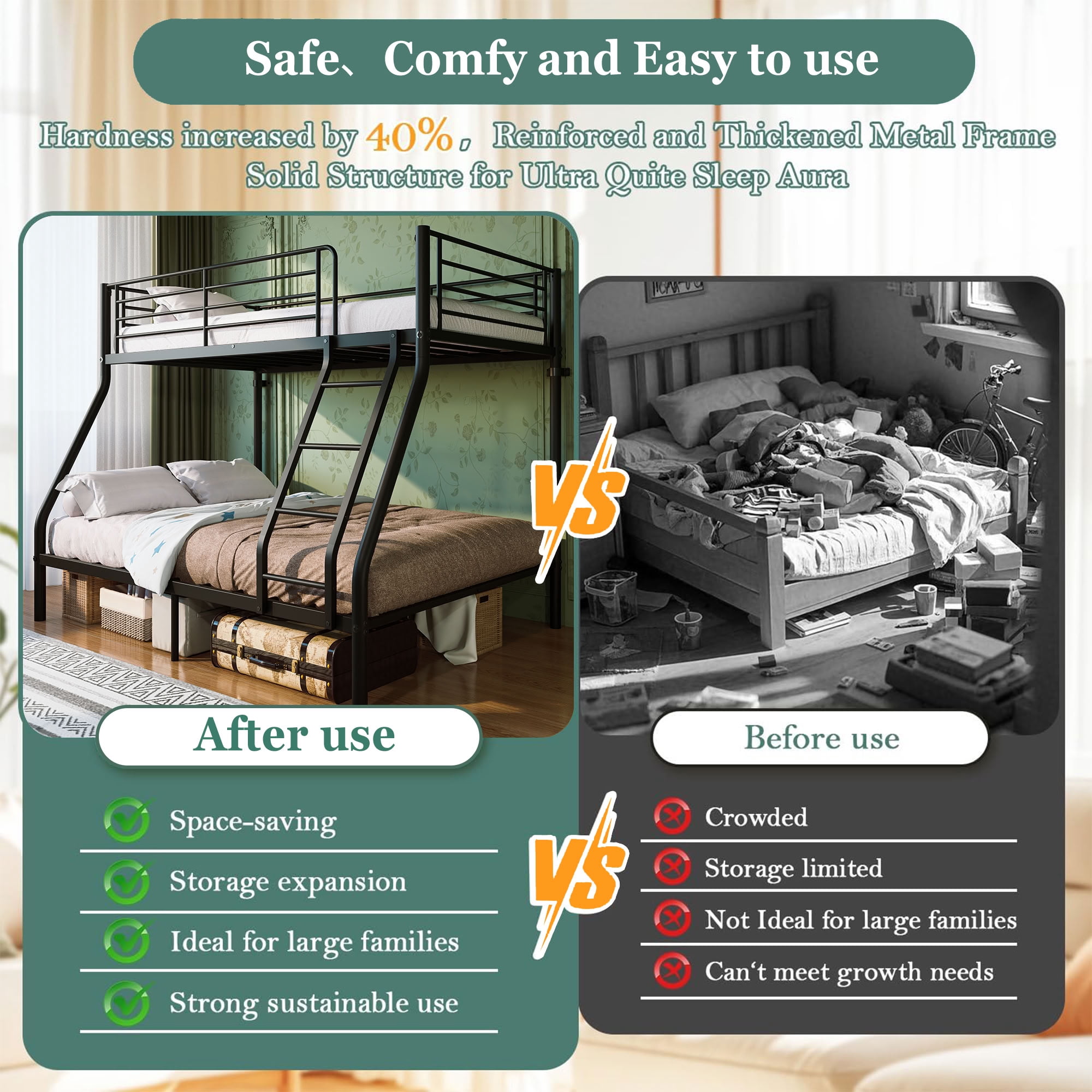 MAYEERTY Twin Over Full Metal Bunk Bed, Heavy Duty 750 lbs Capacity Steel Frame with Guardrail for Kids Adults Dorm Room, Black