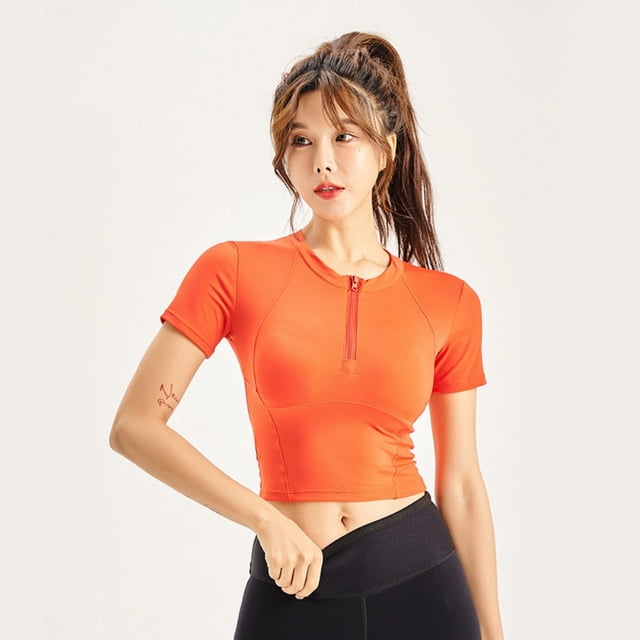 LYMAYTER T-Shirt de Yoga à Manches Courtes Col en V pour Femmes, Extensible 4 Directions