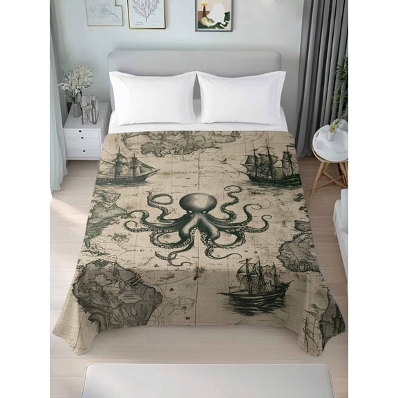 Medieval Octopus Full Size Flat Sheet, Wrinkleproof & Fadeproof Cooling Flat Bed Sheet Only, Vintage Nautical Boat Retro Map Breathable Soft Bedding Top Sheets 81 x 96 Inches
