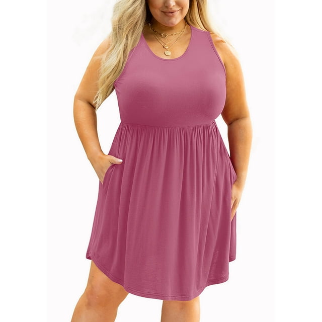SHOWMALL Robe d'Été Grande Taille pour Femmes Violet Rouge 3X Décontractée Sans Manches Col Rond Fluide Plissée Soleil Plage Bohème Élégante Babydoll avec Poches
