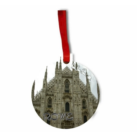 Cathedral Santa - Santa and Sleigh Over Duomo - The Milan Cathedral Round - Shaped Flat Hardboard Christmas Holiday Ornament