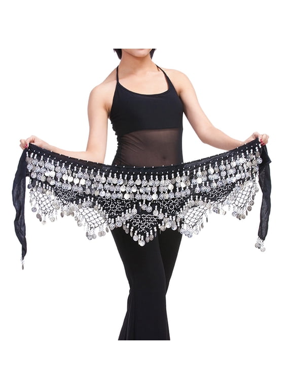 Belly Dance Hip Scarf Silver Chiffon Wrap Belt with Coin Fringe, Flowing Sash Skirt for Dance Performance & Practice