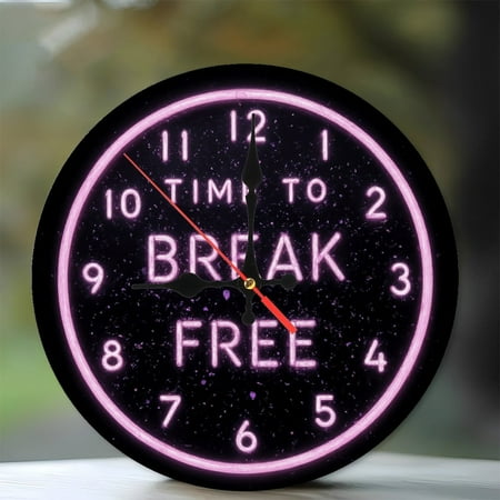 Pink Neon Clock Break Free Time Design Wall Art 10-Inch Silent Wooden Wall Clock, Battery Operated (AA Batteries Not Included), Artistic Home Decor
