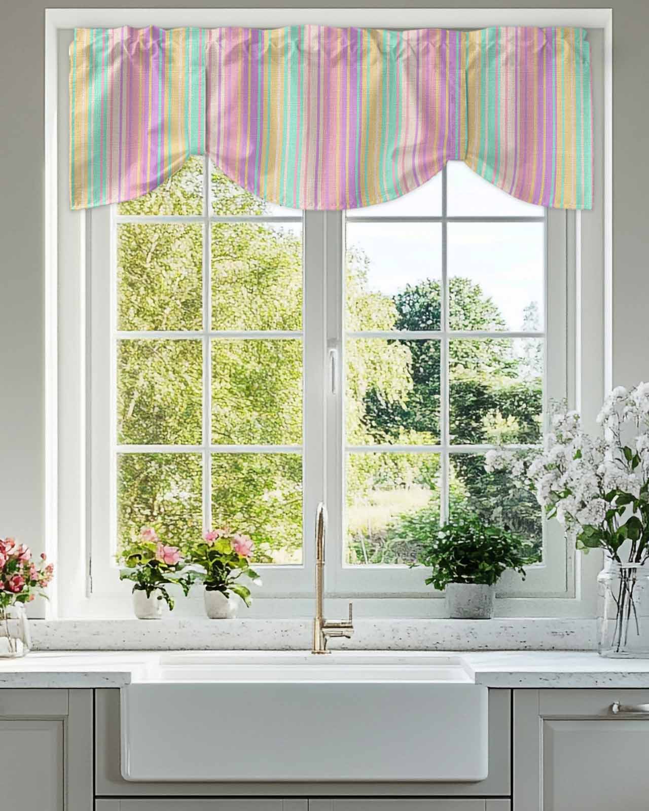 Colorful Striped Tie Up Valances Curtain, Yellow Stripe Vintage Linen Texture Kitchen Valances for Windows Decor, Rod Pocket Short Curtains Set for Bedroom/Bathroom, 60"x18"