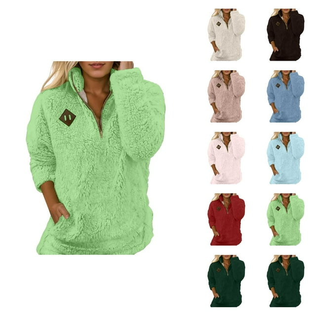 Fuzzy Sweatshirts for Women 2025 Long Sleeve Half Zip Stand Collared Sweatshirt with Pockets Pullover Tops