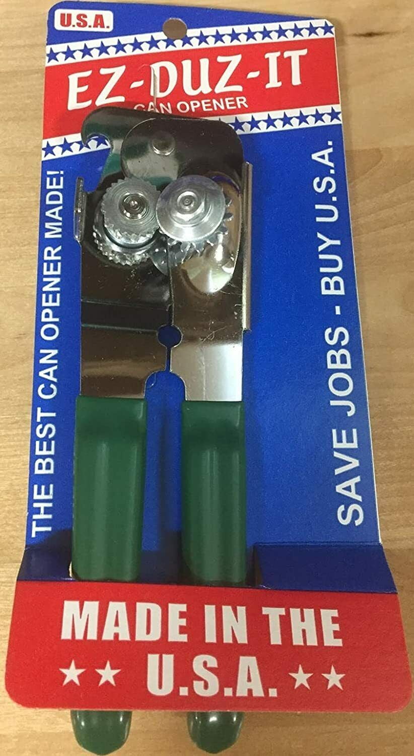 EZ DUZ IT Made in the USA Manual CAN OPENER w/ Green Grips AMERICAN
