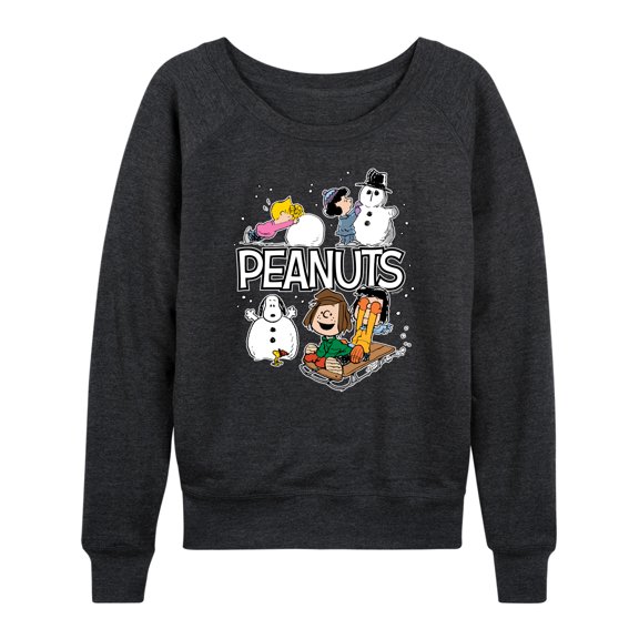 Peanuts - Winter Stickers Lightweight French Terry Wide Neck Long Sleeve Graphic Shirt