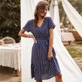 thumbnail image 4 of WILLBEST Robe Femme à Rayures Longueur Genou Robe Aguichant Manches Courtes Col en V, 4 of 6