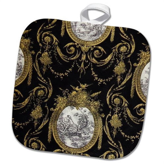 3dRose, French toile. Gold and Black., 8x8 Potholder