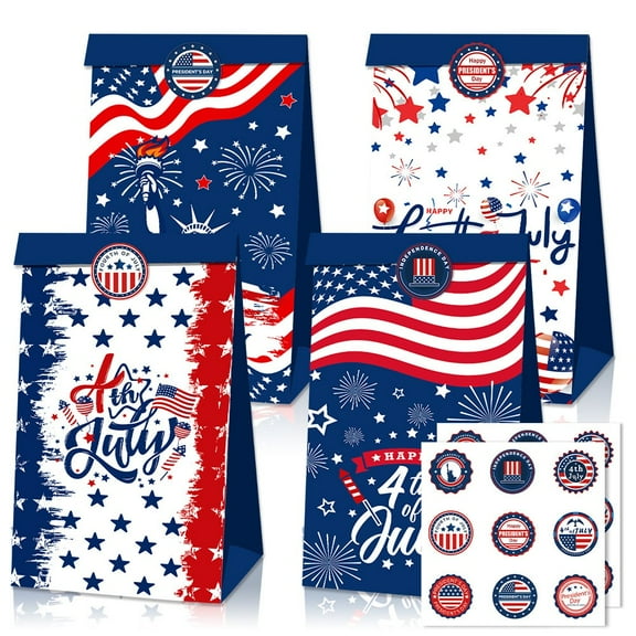 12 Pcs 4th of July Goodie Gift Bags with 18 Stickers, Patriotic Treat Bags, Party Favor Bags, Independence Day Memorial Day Party Cookie Snack Supplies, Paper
