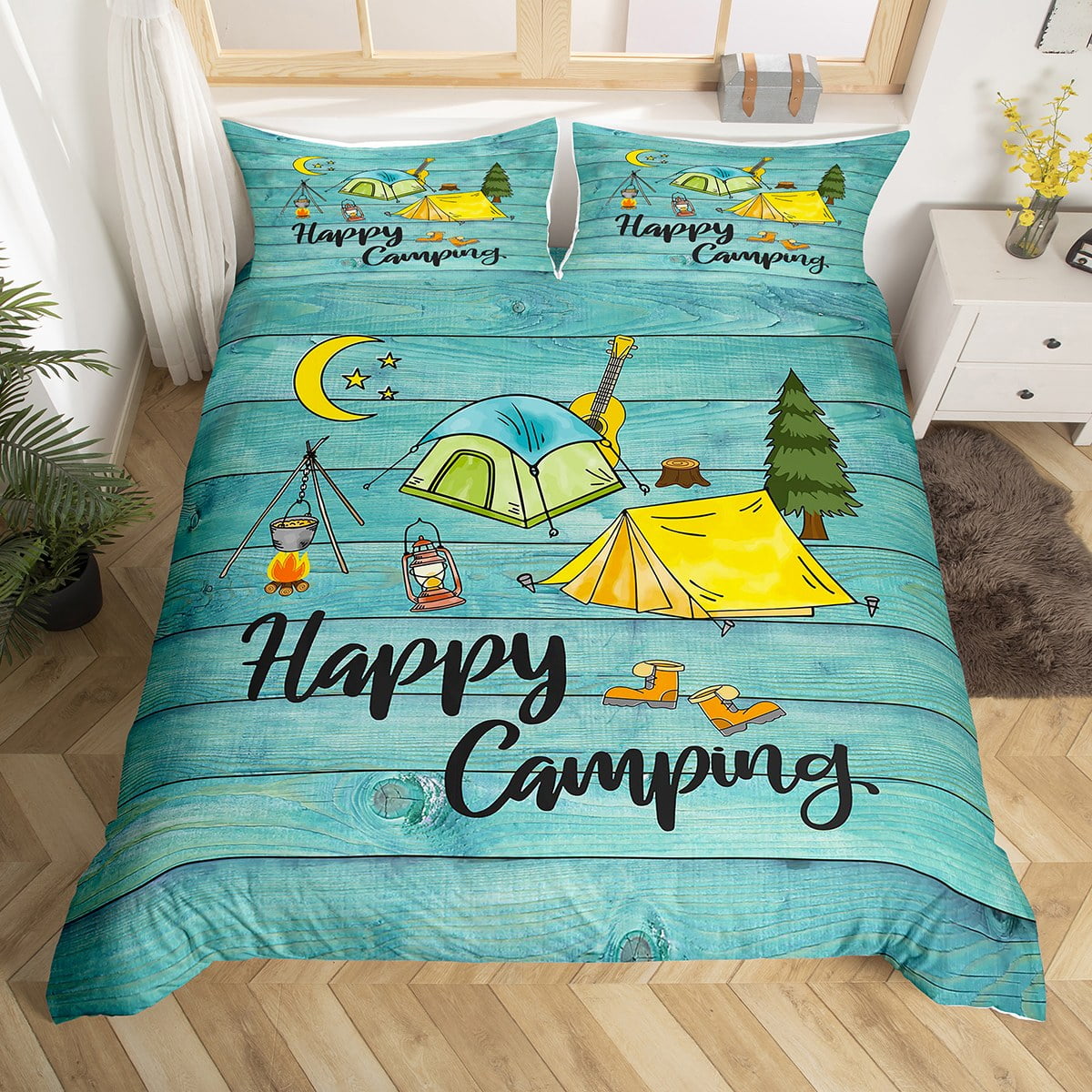 Camper Theme Duvet Cover Twin Happy Camping Bedding Set Wooden Cabin