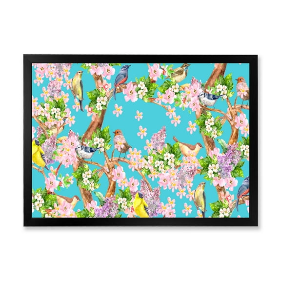 Little Birds Sitting On Spring Flow Tree 40 in x 30 in Framed Painting Canvas Art Print, by Designart