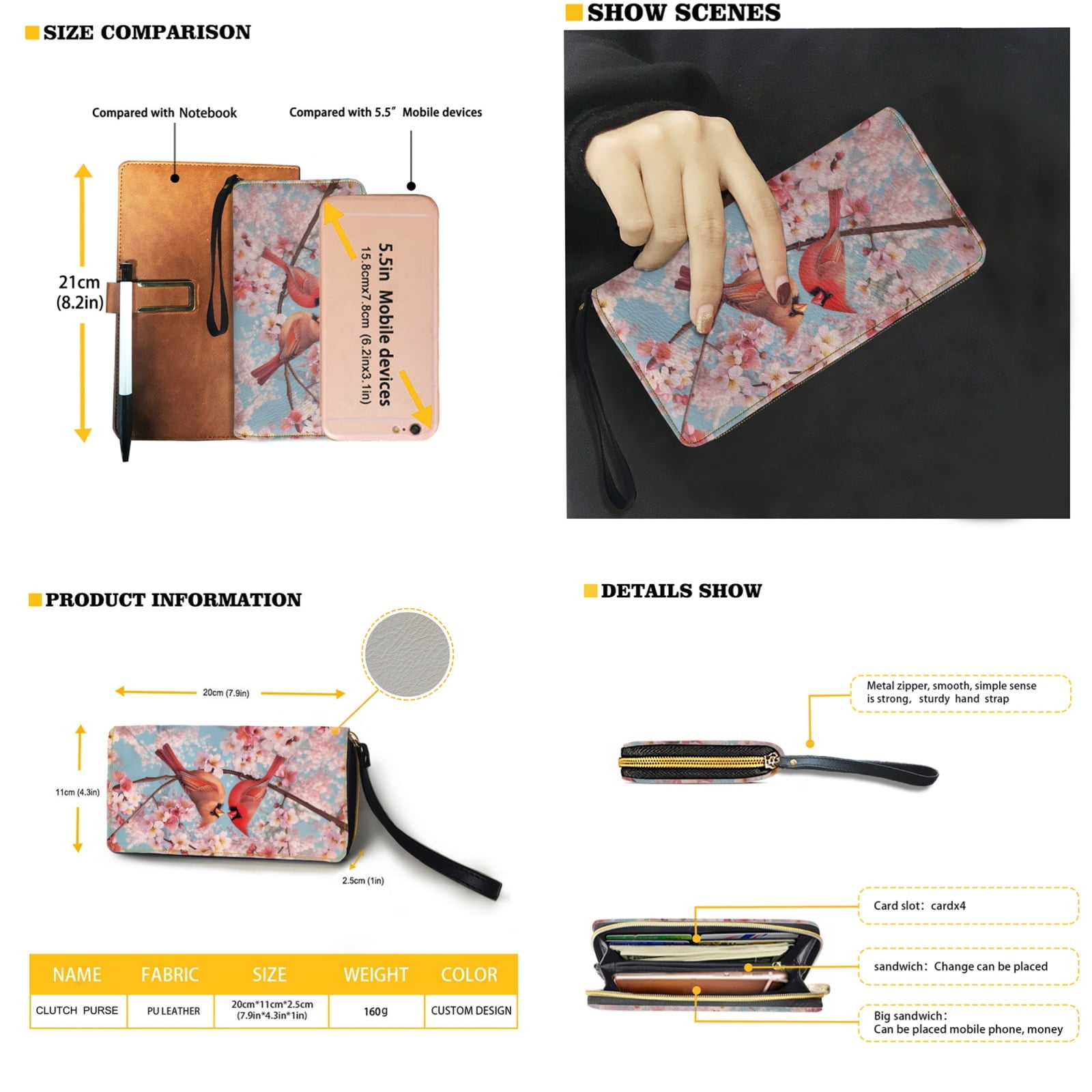 ZUXONGSY Cardinal Cherry Blossom Print 2 Pack Handbags and Wallet Set for Ladies Girls Casual Top Handles Shoulder Bag PU Slim Wallet Multifunctional Top Handle Tote Bag for Shopping Work